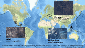 Map of the world with Mexico, Ukraine and Philippines highlighted and their respective landscape changes shown next to them.