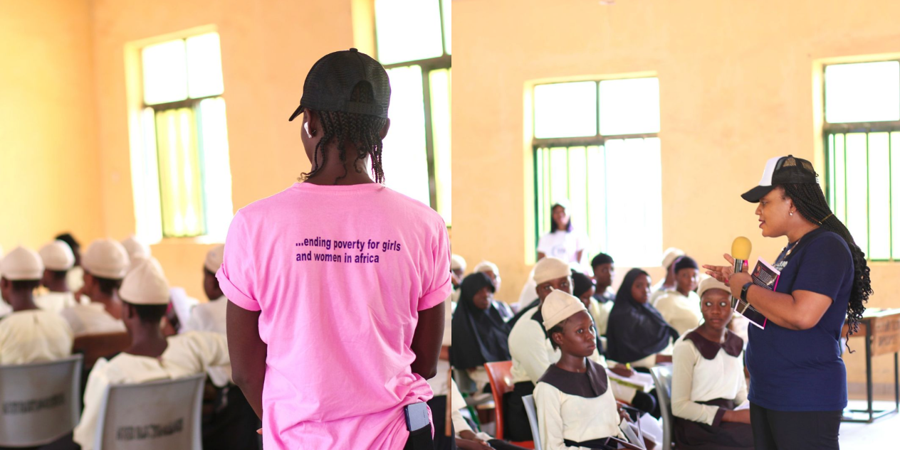 A community outreach event focused on empowering girls and women in Africa. A woman in a pink shirt addresses girls in white uniforms, while another woman with a microphone engages them in discussion. The event promotes education and aims to end poverty for girls and women in Africa.