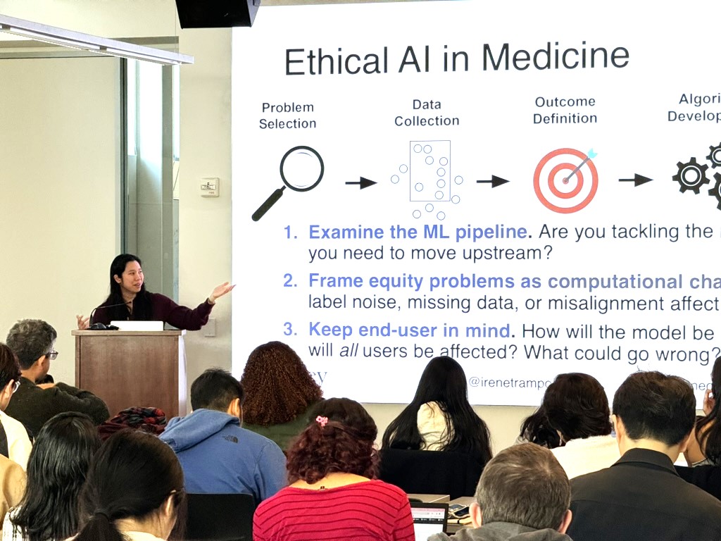 ChenTalk: Berkeley and UCSF Professor Irene Chen speaks to students in class white pointing at presentation during DevEng 203 and DevEng 210.